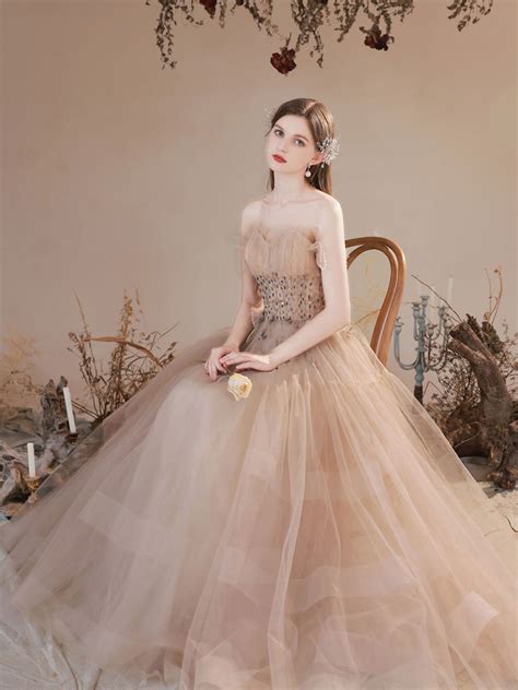 A Line Champagne Long Prom Dresses Champagne Formal Graduation Dress