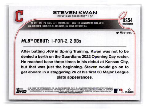 2022 Topps Update Steven Kwan Rainbow Foil US54 Rookie Debut RC