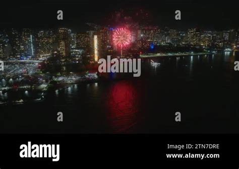 Aerial View Fireworks In Waikiki Sky New Year Eve In Honolulu City