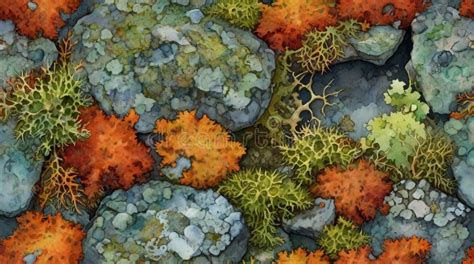 Watercolor Painting A Vibrant Lichen Covered Rock Showcasing The