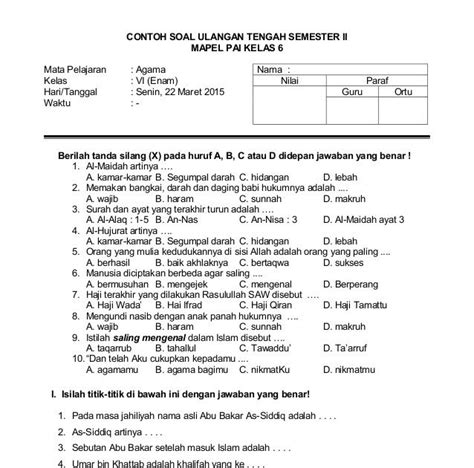 Soal Ulangan Harian Pai Kelas 5 Semester 1 Kurikulum 2013