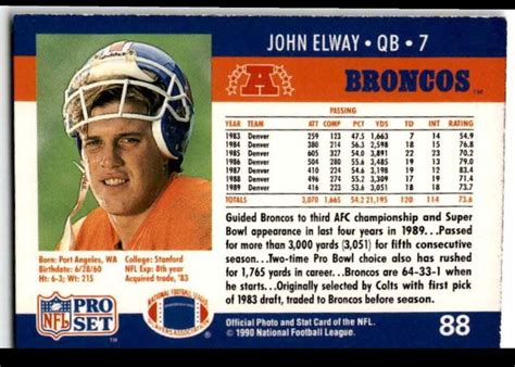 1989 Topps 1000 Yard Club John Elway Denver Broncos 88 EBay