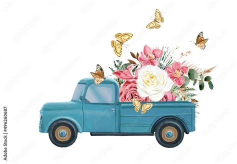 Watercolor Illustration Of Summer Truck With Boho Flowers And Butterfly