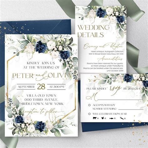 Blue Wedding Invitation Bundle Template Printable Royal Blue Flowers