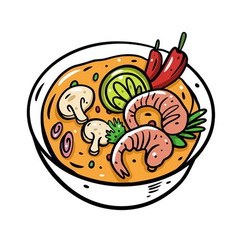 Tom Yum With Shrimp Cartoon Vector Illustration Isolated On White