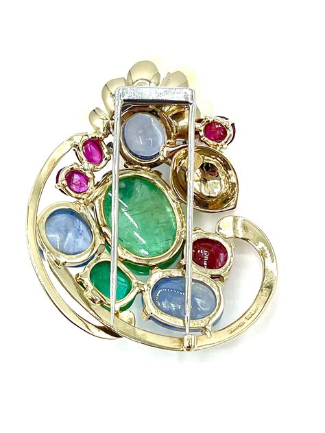 Seaman Schepps Floral Brooch With Cabochon Sapphire Emerald Ruby And