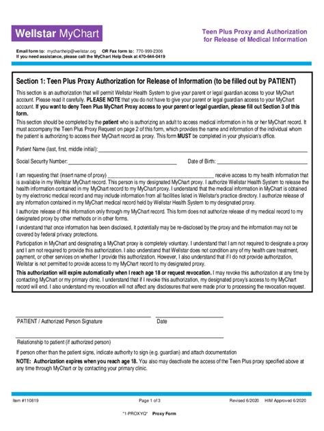 Fillable Online Wellstar Mychart Teen Plus Proxy And Authorization Fax