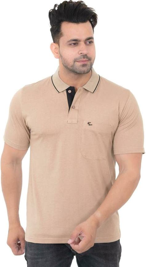 Buy Embro Men Solid Polo Neck Poly Cotton Beige T Shirt Online At Best