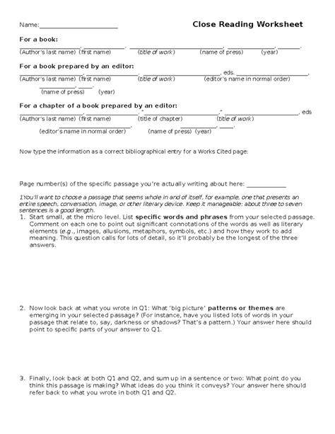 Updated Close Reading Worksheet Name Close Reading Worksheet For A