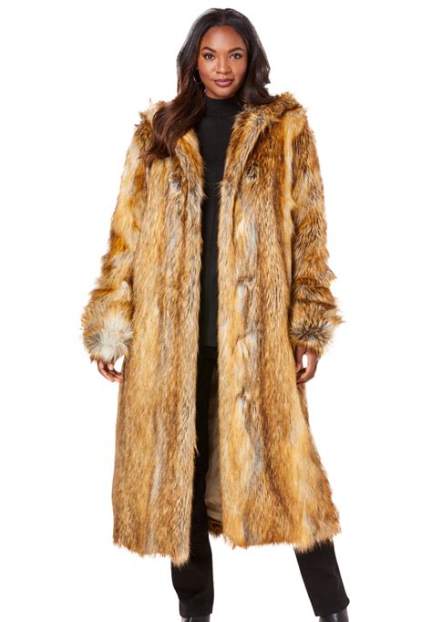 Roamans Womens Plus Size Full Length Faux Fur Coat With Hood Coat