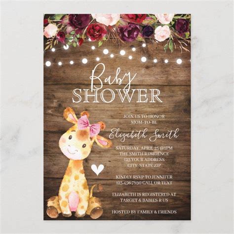 Girl Giraffe Baby Shower Rustic Wood Floral Invitation Zazzle Baby