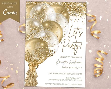 Editable White Gold Glitter Birthday Invitation Printable Birthday