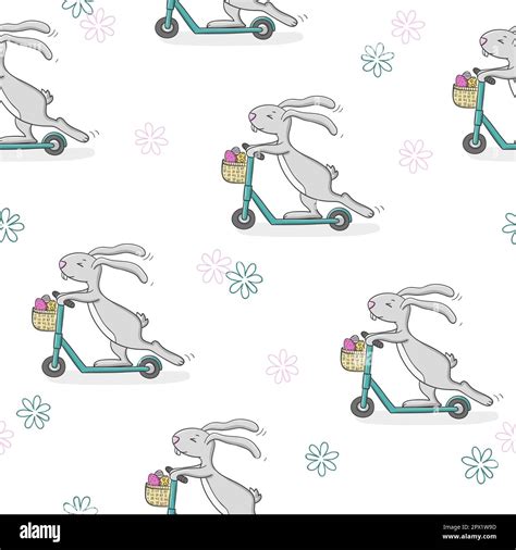 Easter Pattern With Cute Bunny Riding A Scooter Vector Holiday