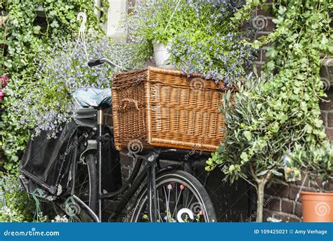 Old Bike With A Wooden Bicycle Basket Stock Image Image Of Bicycle