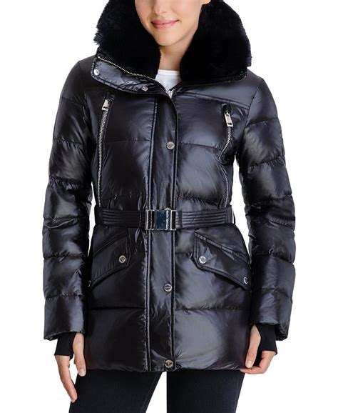 Michael Kors Belted Faux Fur Trim Hooded Down Puffer Coat Created For Macys Macys