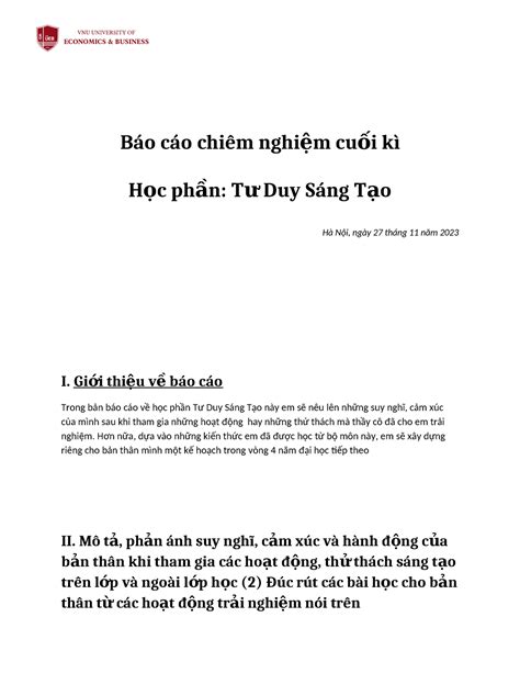 Báo Cáo Chiêm Nghiệm Cuối Kì Báo Cáo Chiêm Nghi ệm Cu ối Kì H ọc Ph ần T ư Duy Sáng T ạo Hà