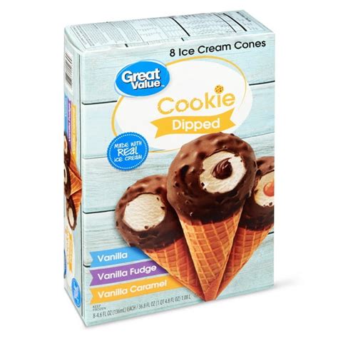 Great Value Cookie Dipped Ice Cream Cones Variety Pack Vanilla Vanilla Fudge Vanilla Caramel