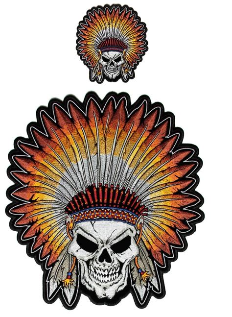 Native Indian Head Dress Skull 2 Piece Front And Back Embroidered Patch Set Native American