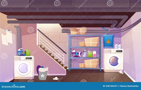 Cartoon Basement with Washing and Dryer Machine, Stairs, Boxes and Basket Stock Vector ...