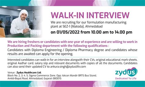 Zydus Healthcare Ltd Walk In Interviews For Freshers Experienced