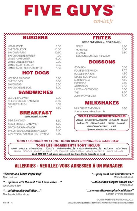 Five Guys Carte Menu Et Avis à Consulter 27 Restaurants En France