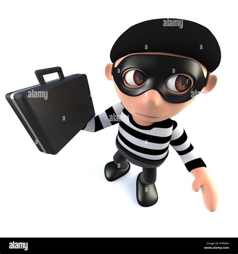 3d Render Of A Funny Cartoon Burglar Thief Stealing A Briefcase Stock