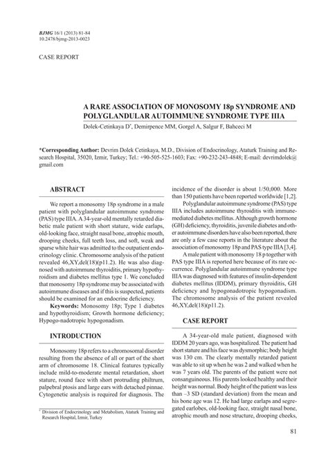 Pdf A Rare Association Of Monosomy 18p Syndrome And Polyglandular Autoimmune Syndrome Type Iiia