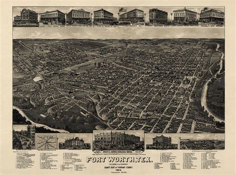 Antique Map Of Fort Worth Texas By H Wellge 1886 Drawing By Blue