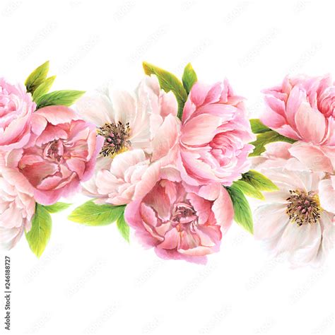 Seamless Floral Border Peonies Floral Ornament Watercolor Floral