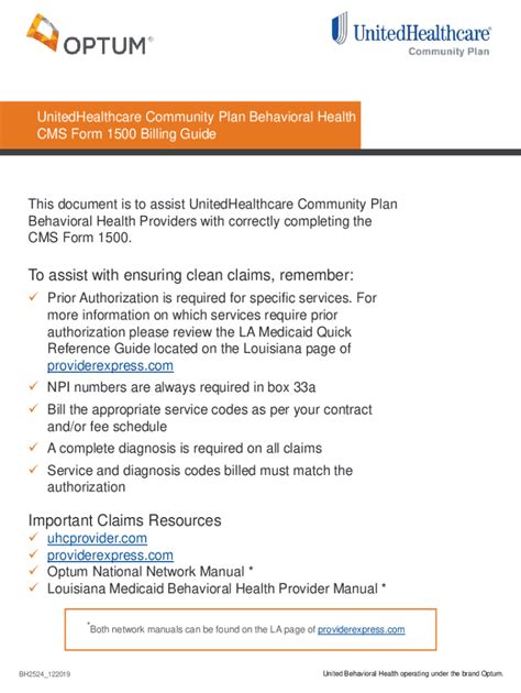 Fillable Online Cms Form Billing Guide For La Uhc Community Plan