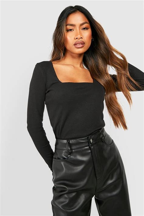 Women S Black Square Neck Long Sleeve Top Boohoo Uk