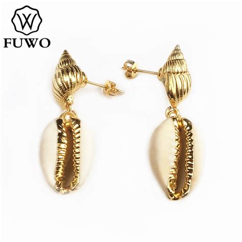 Fuwo Natural Cowrie Earrings With Gold Trimmed Fashion Seashell Earring