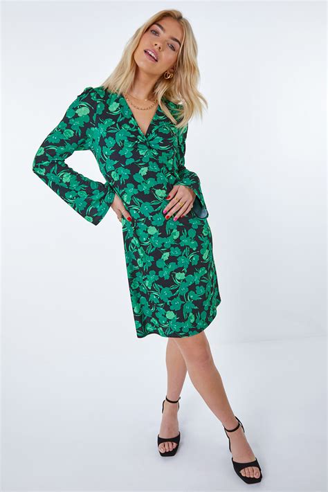 Green Floral Print Twist Front Dress Roman Uk