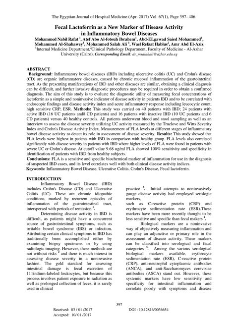 (PDF) Fecal Lactoferrin as a New Marker of Disease Activity in Inflammatory Bowel Diseases