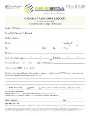 Southern Regional Transcript Request Form Fill Out And Sign