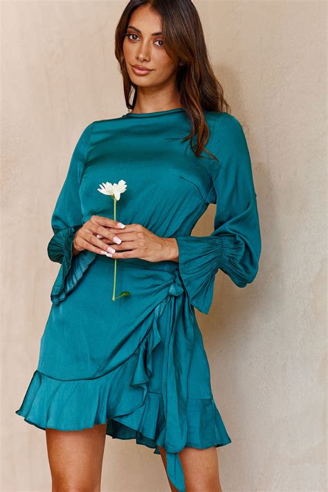 Shop The Darla Long Sleeve Satin Dress Forest Green Selfie Leslie