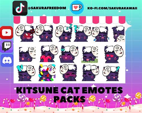 Some Stickers With Cats On Them And The Words Kitsune Cat Emotes Packs