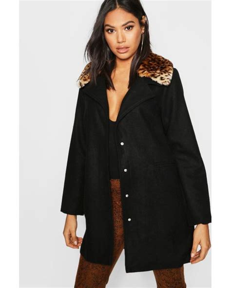 Lyst Boohoo Tall Leopard Print Faux Fur Collar Wool Look Coat In Black