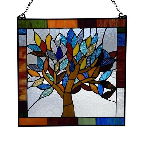 River Of Goods Multi Stained Glass Mystical World Tree Window Panel 15042 The Home Depot