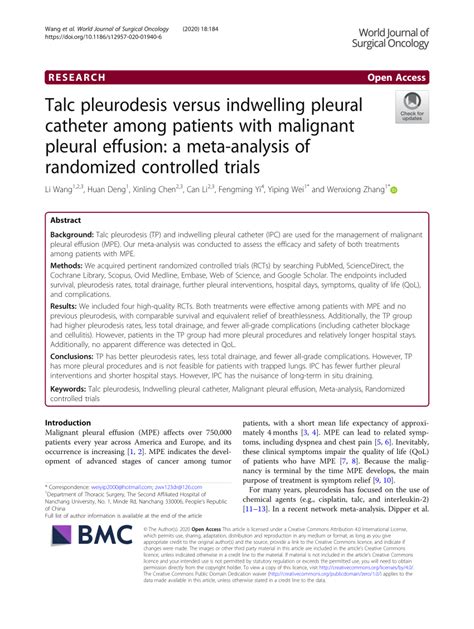 Pdf Talc Pleurodesis Versus Indwelling Pleural Catheter Among Patients With Malignant Pleural