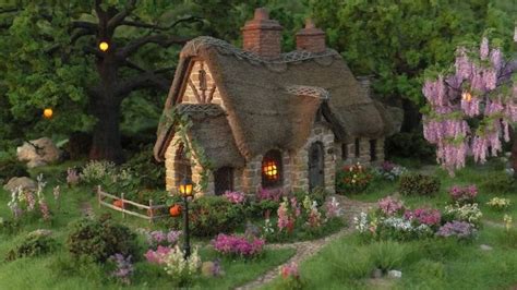 A Small Cottage With Flowers And Trees Around It