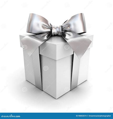 Gift Box Or Present Box With Silver Ribbon Bow Isolated On White Stock