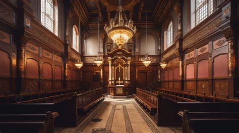 Wooden Pew Inside A Church With Chandelier Background A Picture Of A