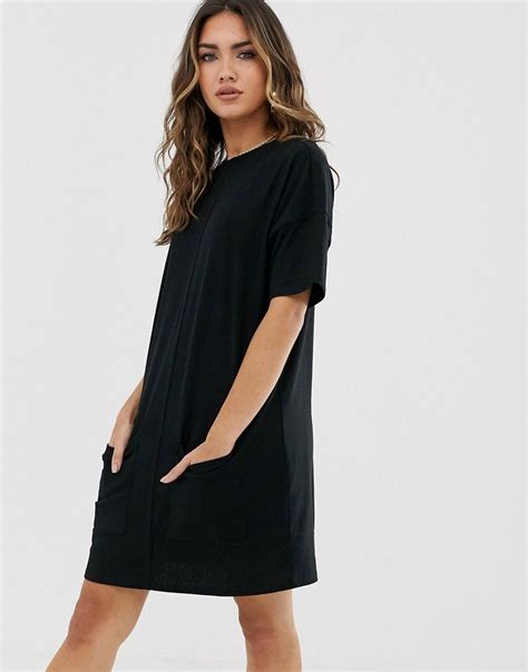 Asos Design Cotton Double Pocket T Shirt Dress Black Modesens Dress