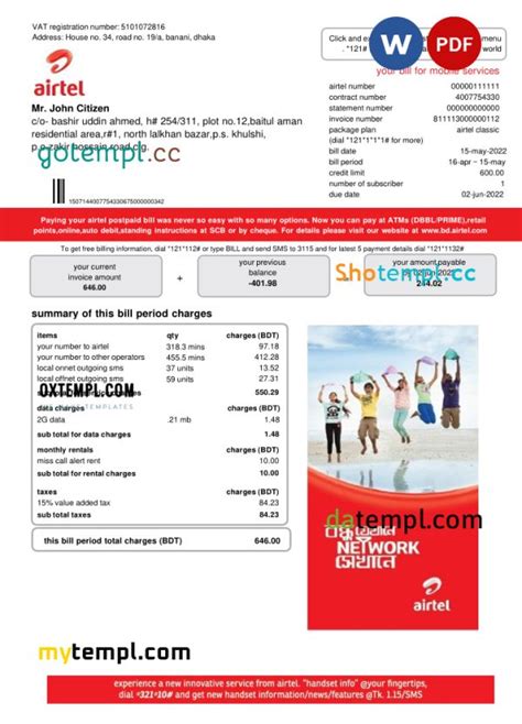 India Airtel Telecommunication Services Utility Bill Template In Word