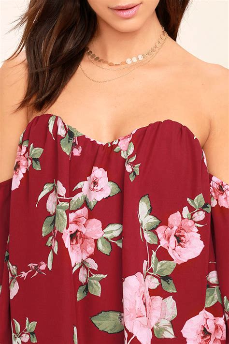 Lovely Wine Red Floral Print Top Off The Shoulder Top Boned Crop