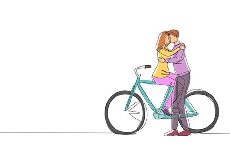 Un Dessin Continu D un Jeune Couple D amoureux Assis Sur Un Vélo Et S