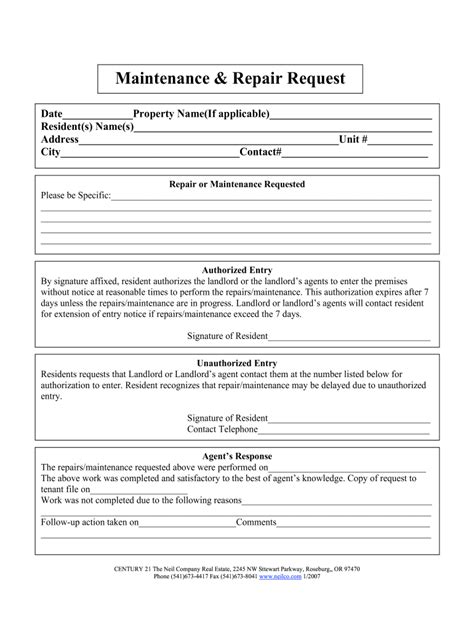 Printable Maintenance Request Form