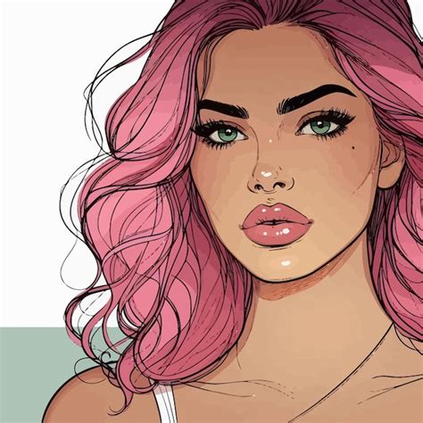 Un Dibujo De Una Mujer Con Cabello Rosa Y Ojos Verdes Vector Premium