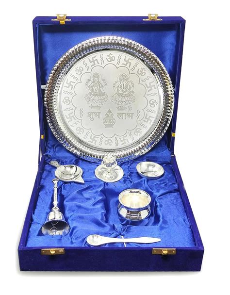 BENGALEN Pooja Thali Set Silver Plated With Blue Gift Box Designed 22